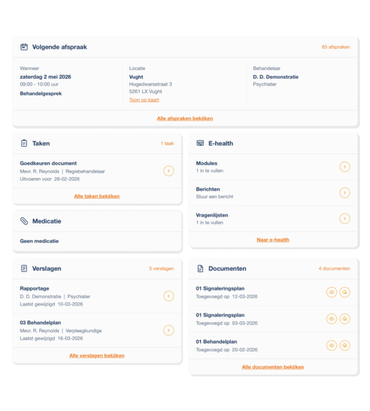 overzicht van wat een cliënt ziet in wellbee met afspraken, medicatie en taken onder andere